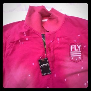 Born Fly Hot Pink Distressed Polo Shirt; sz XL NWT